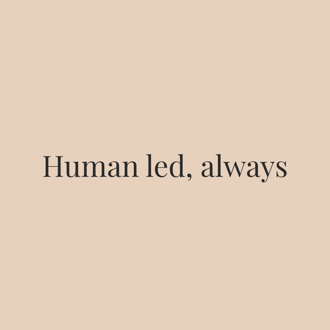 The phrase "Human led, always" in Playfair Display on a warm sand background, blog image for Nineteen Copywriting.